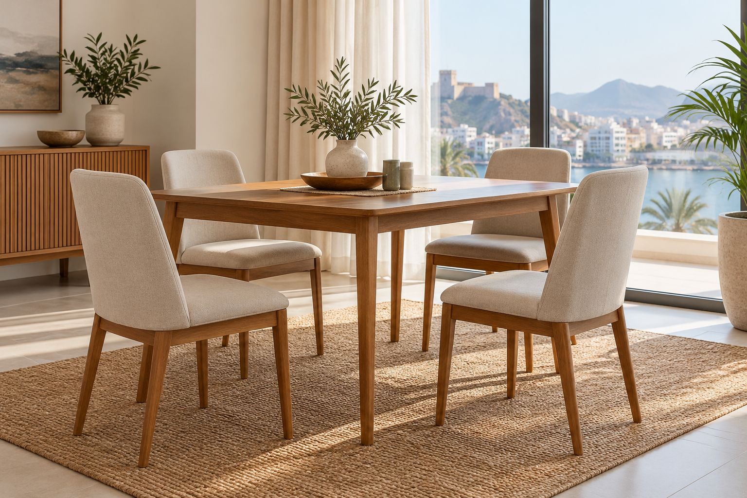 Four upholstered dining chairs arranged around a wooden table. | أربعة كراسٍ منجدة مرتبة حول طاولة طعام خشبية.