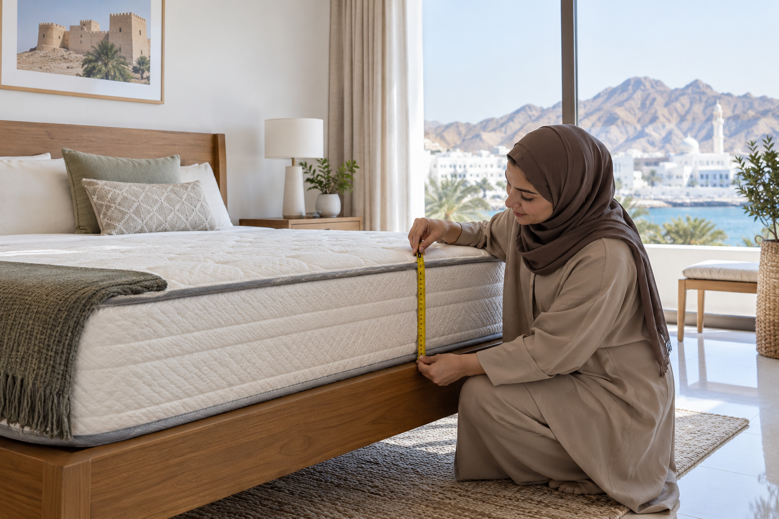 A plain mattress on a bed with a measuring tape. | مرتبة على سرير وبجانبها شريط قياس.