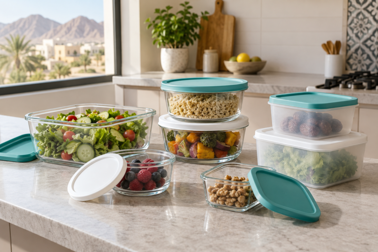 Glass and plastic food containers with matching lids on a kitchen counter. | علب طعام زجاجية وبلاستيكية مع أغطيتها على سطح المطبخ.